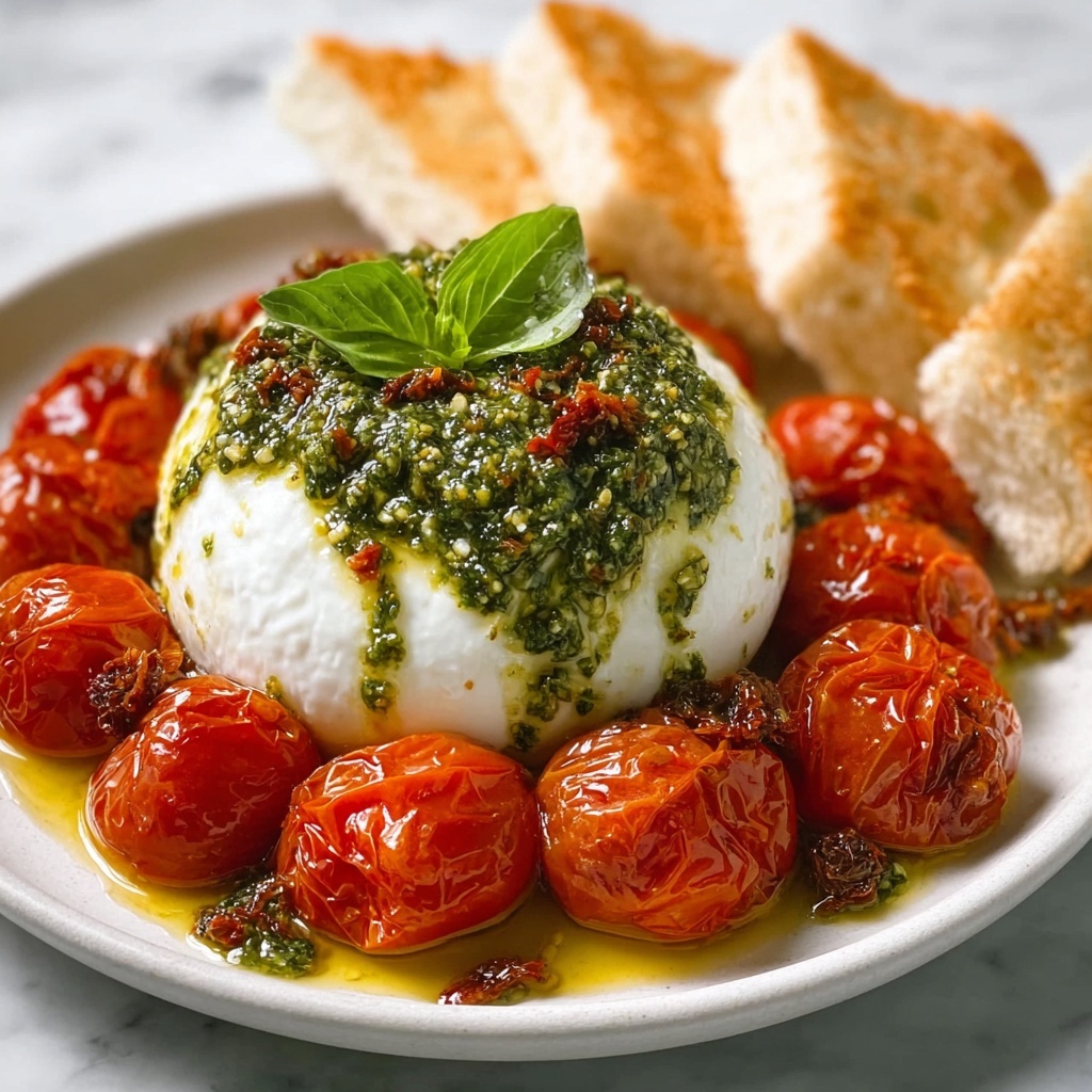 Pesto Burrata Appetizer with Roasted Tomatoes and Balsamic Glaze Recipe - Recipe Image
