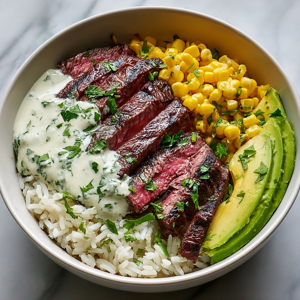 Steak, Avocado, and Roasted Corn Bowl with Cilantro Cream Sauce Recipe - Recipe Image