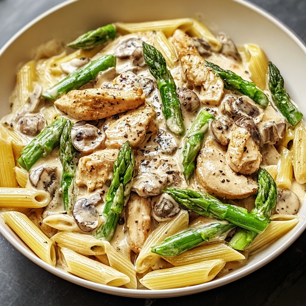 Creamy Mushroom and Asparagus Chicken Penne Recipe - Recipe Image