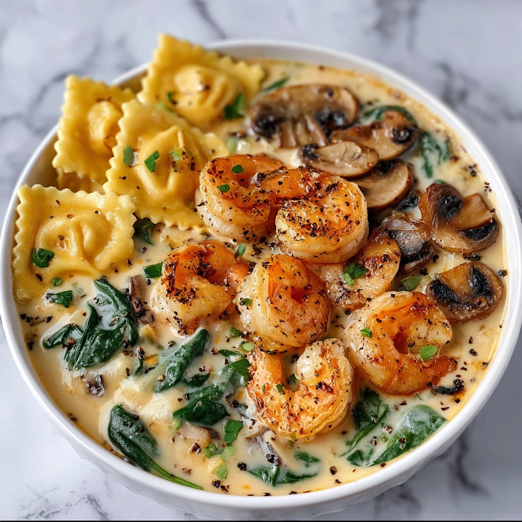 Seafood Ravioli with Spinach and Mushrooms in Garlic Cream Sauce Recipe - Recipe Image