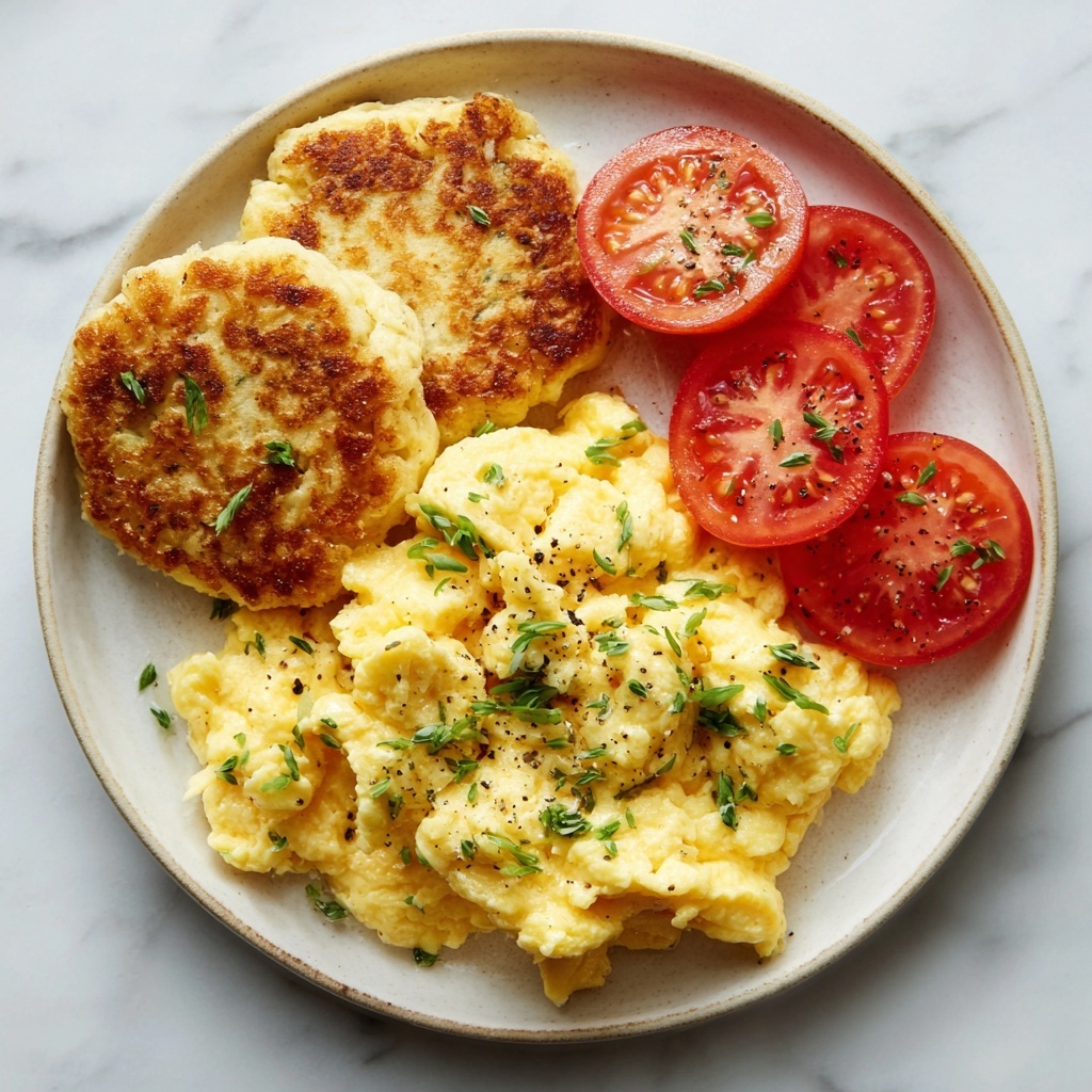 Breakfast Feast with Scrambled Eggs, Sausage Patties, Biscuits, and Tomatoes Recipe - Recipe Image