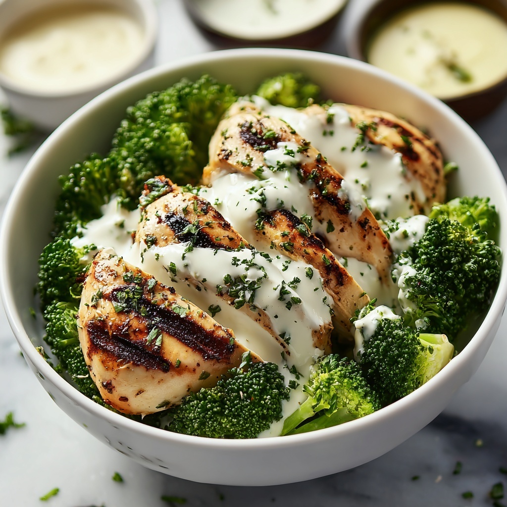 Grilled Chicken Broccoli Bowls with Creamy Garlic Sauce Recipe - Recipe Image