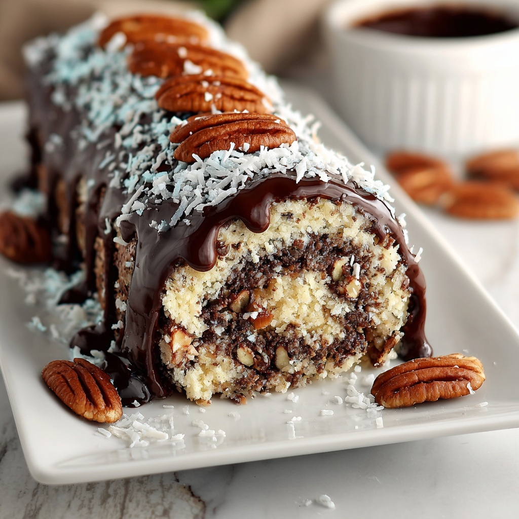 Decadent German Chocolate Coconut Pecan Roll Cake Recipe - Recipe Image