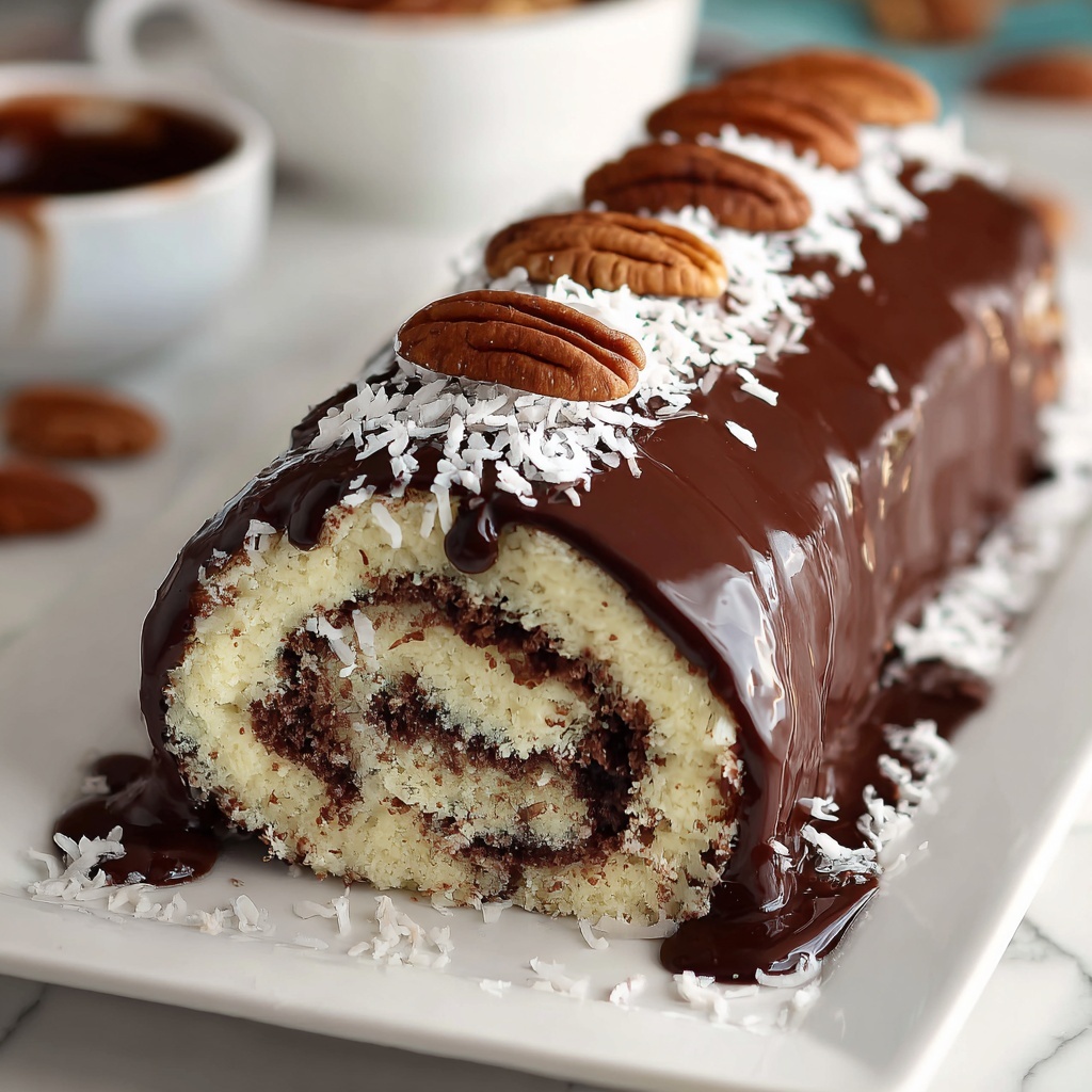 Decadent German Chocolate Coconut Pecan Roll Cake Recipe - Recipe Image