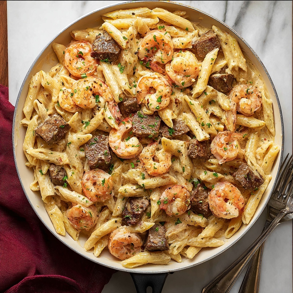 Blackened Steak and Shrimp Alfredo Recipe - Recipe Image