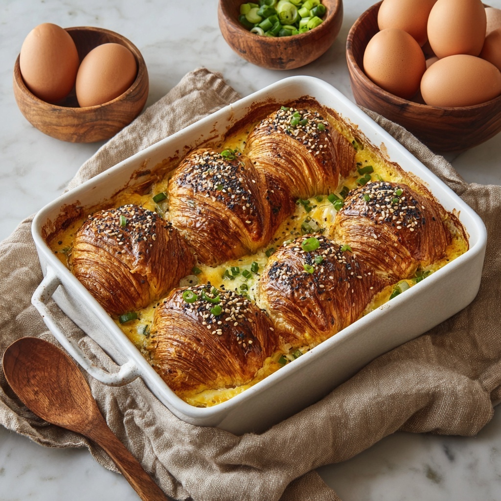 Croissant Breakfast Casserole with Sausage, Cream Cheese, and Green Onions Recipe - Recipe Image