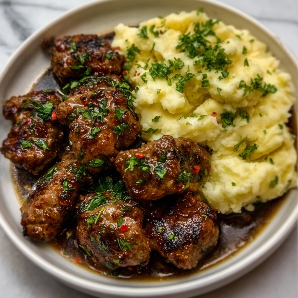 Garlic Butter Beef Bites with Creamy Mashed Potatoes Recipe - Recipe Image